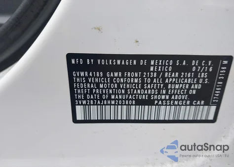 2017 Volkswagen Jetta 1.4T S from USA, damaged, VIN 3VW2B7AJ8HM203808